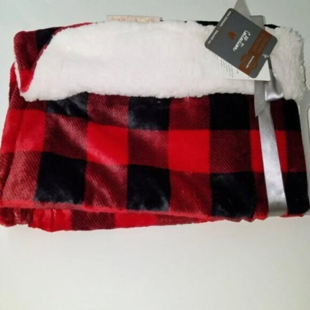 NWT Blankets & Beyond Baby Blanket Red Black Buffalo Plaid Lovey White Sherpa